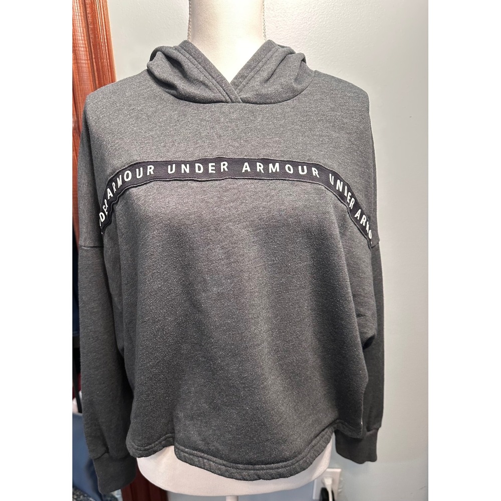 Under Armour Womens Gray Cropped Hoodie Branded Tape Loose Fit Pullover LG